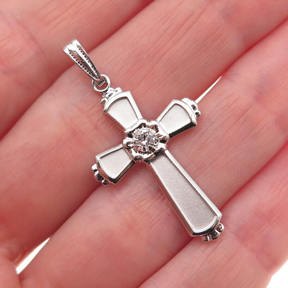 Theda 925 Sterling Silver Vintage Real White Topaz Cross Charm Pendant